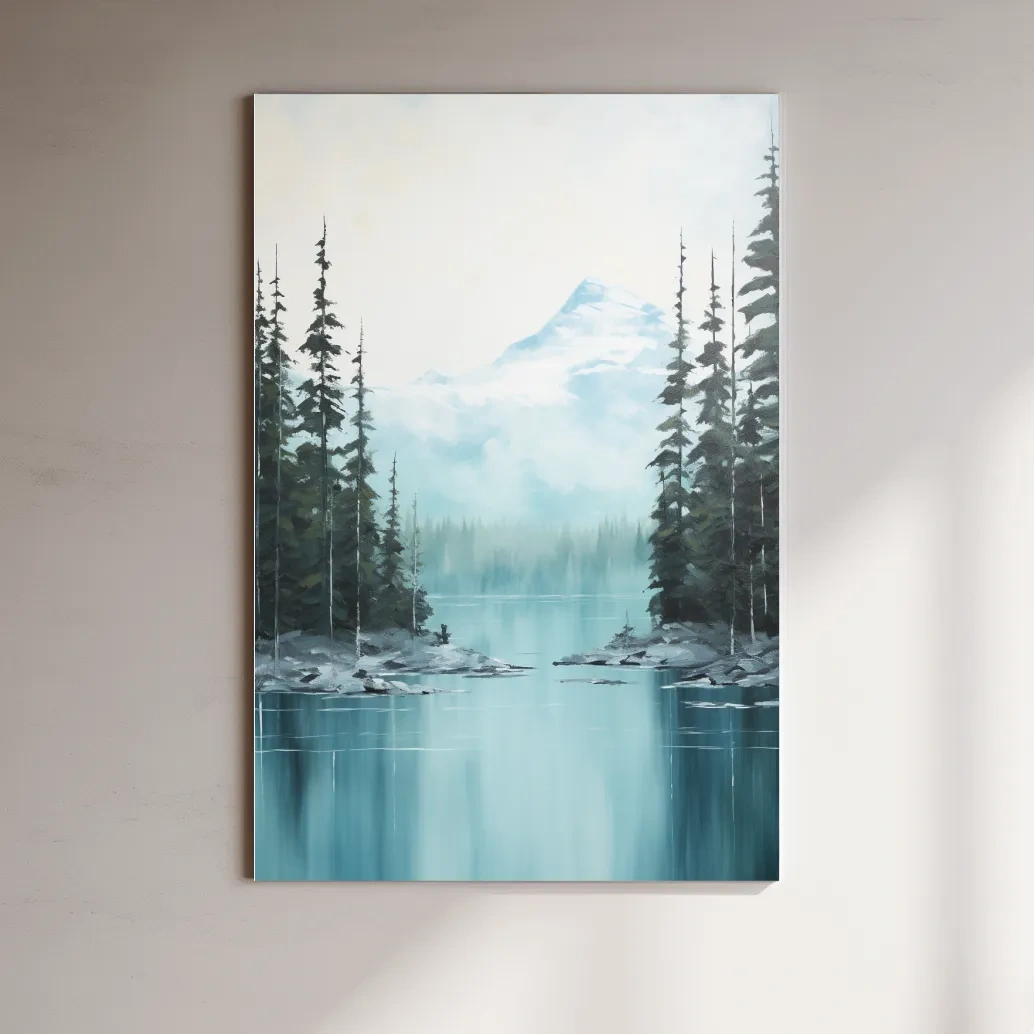 Turquoise Alpine Lake & Pine Forest Watercolor - Serene Mountain Landscape Wall Art