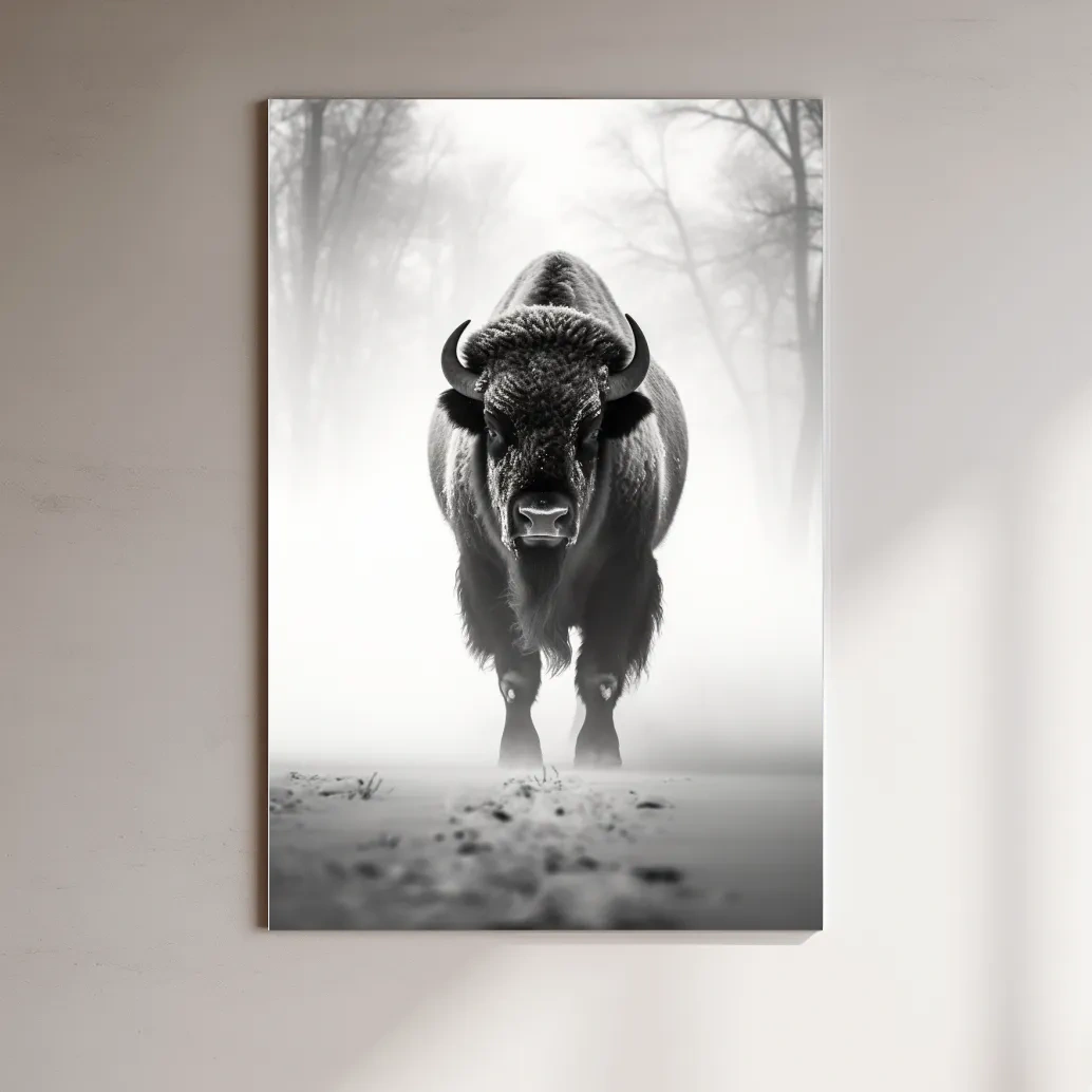 Black and white photo of a bison walking on snow