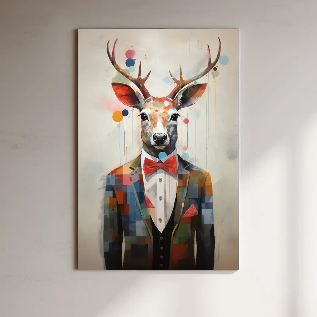 A collage style painting of a deer in a tuxedo