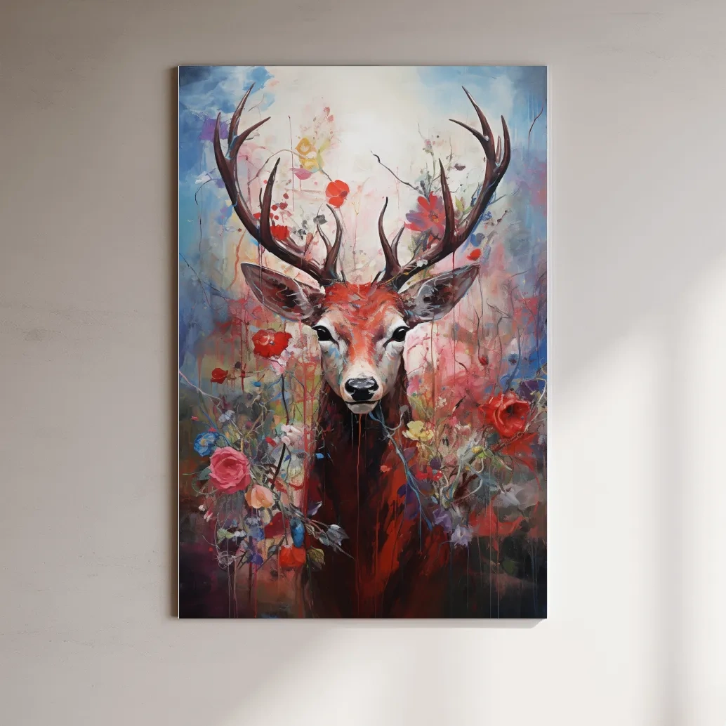 Floral painting of a deer, vibrant wall art