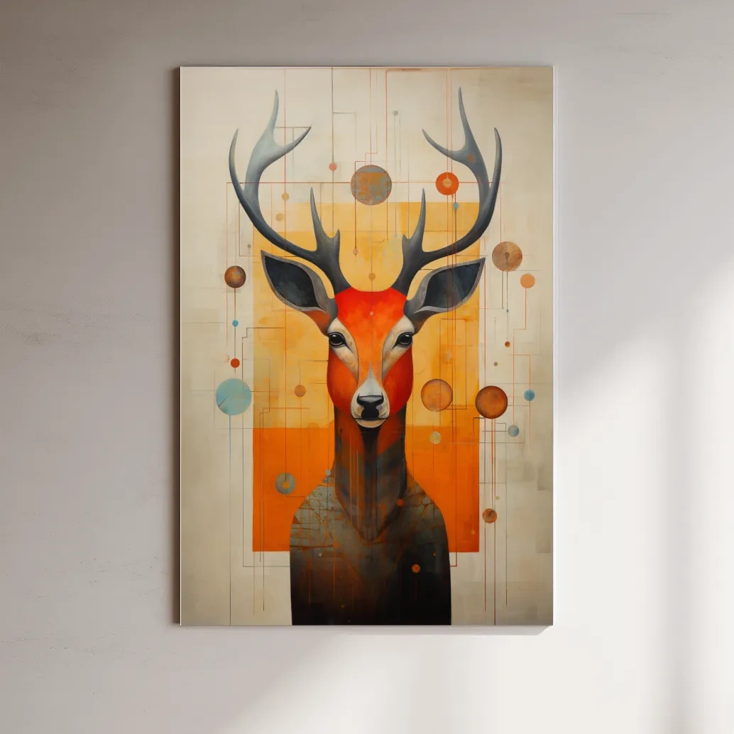 Rustic painting of a deers head with abstract shapes