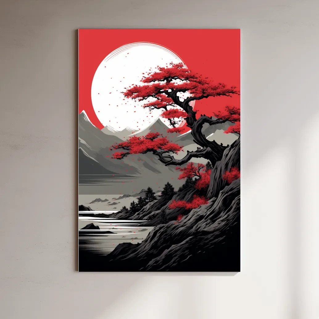 Japanese Ink Landscape With Bonsai Tree - Zen Mountain Wall Art