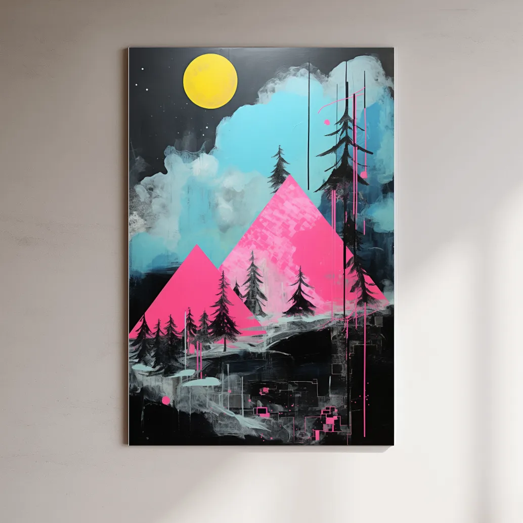 Pink and black acrylic painting, triangular abstract mountains