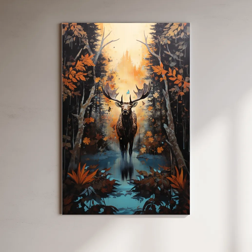 Painting of a moose in the woods in autumn