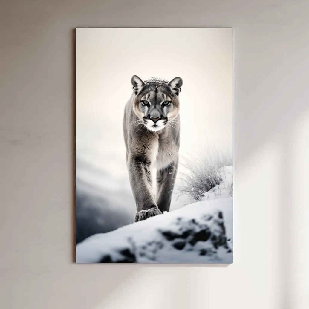 Photograph of a mountain lion walking in snow