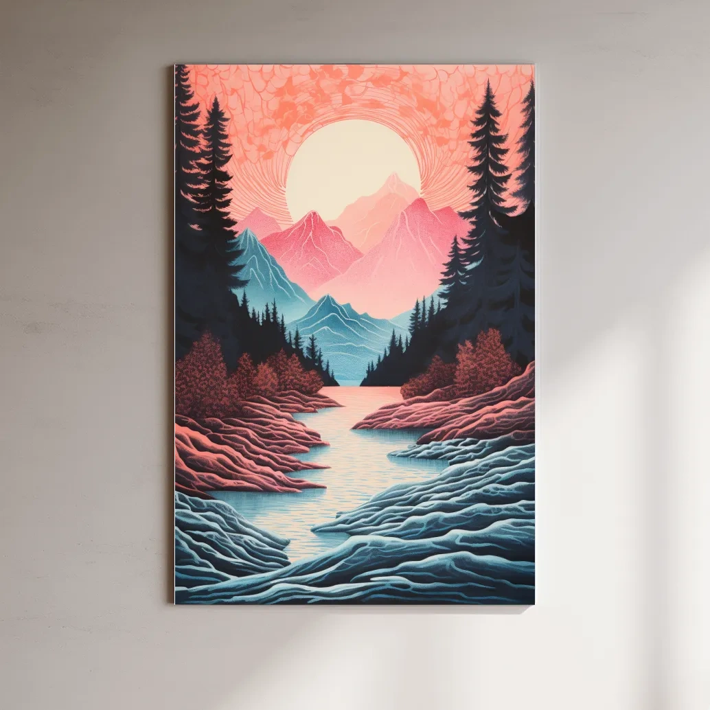 Risograph style illustration of an alpine valley at sunset
