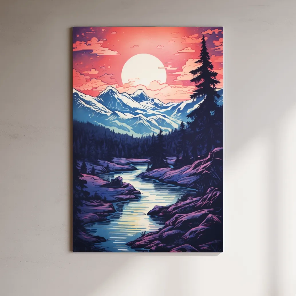Surreal illustration of sunset over a glacier alpine scene