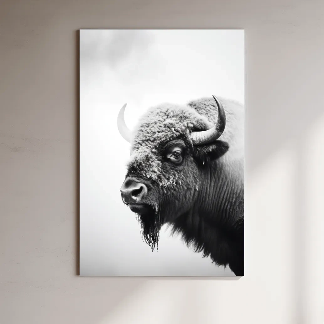 Photographic art, black and white photo of a bison in winter