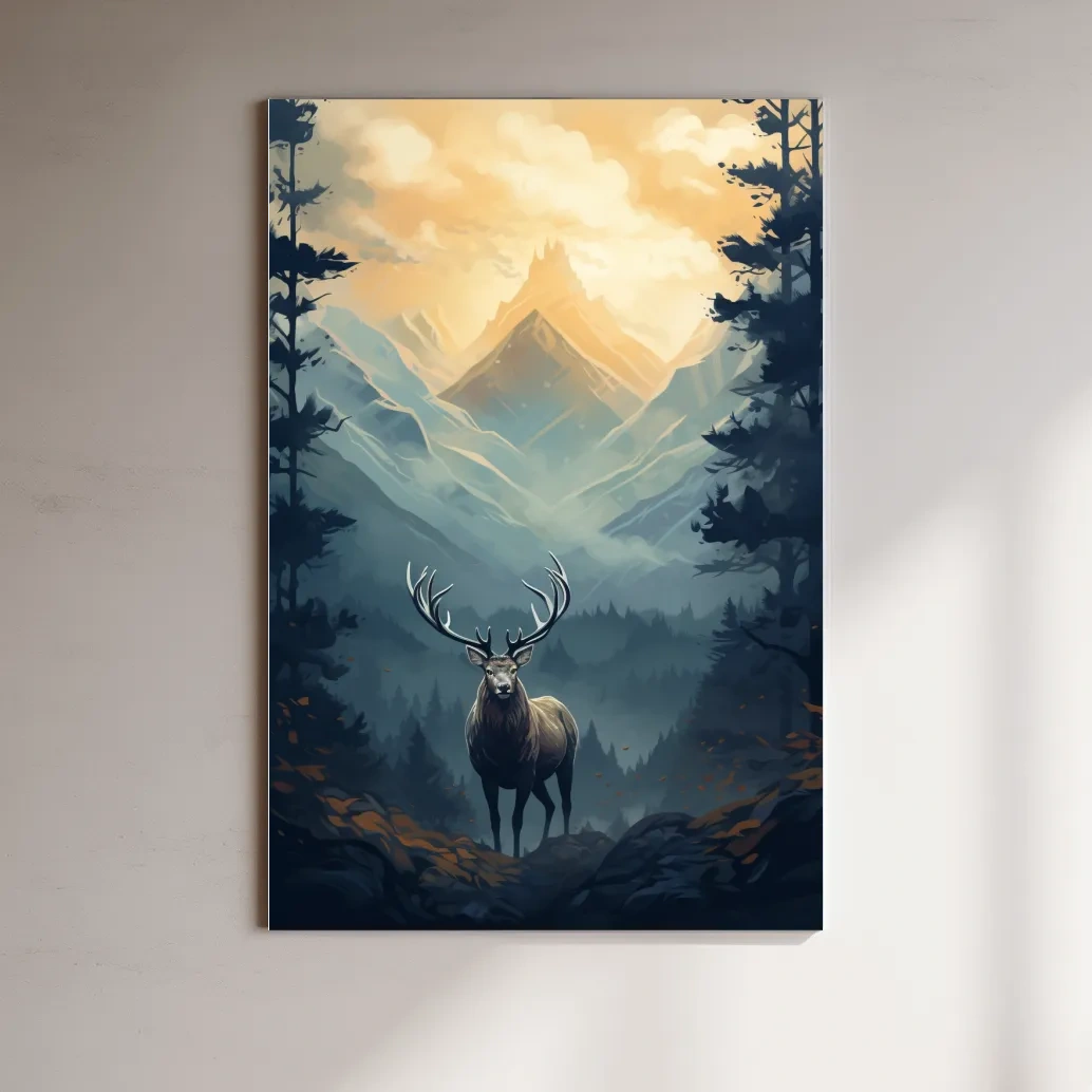 Serene illustration of a majestic deer in the forest at sunset