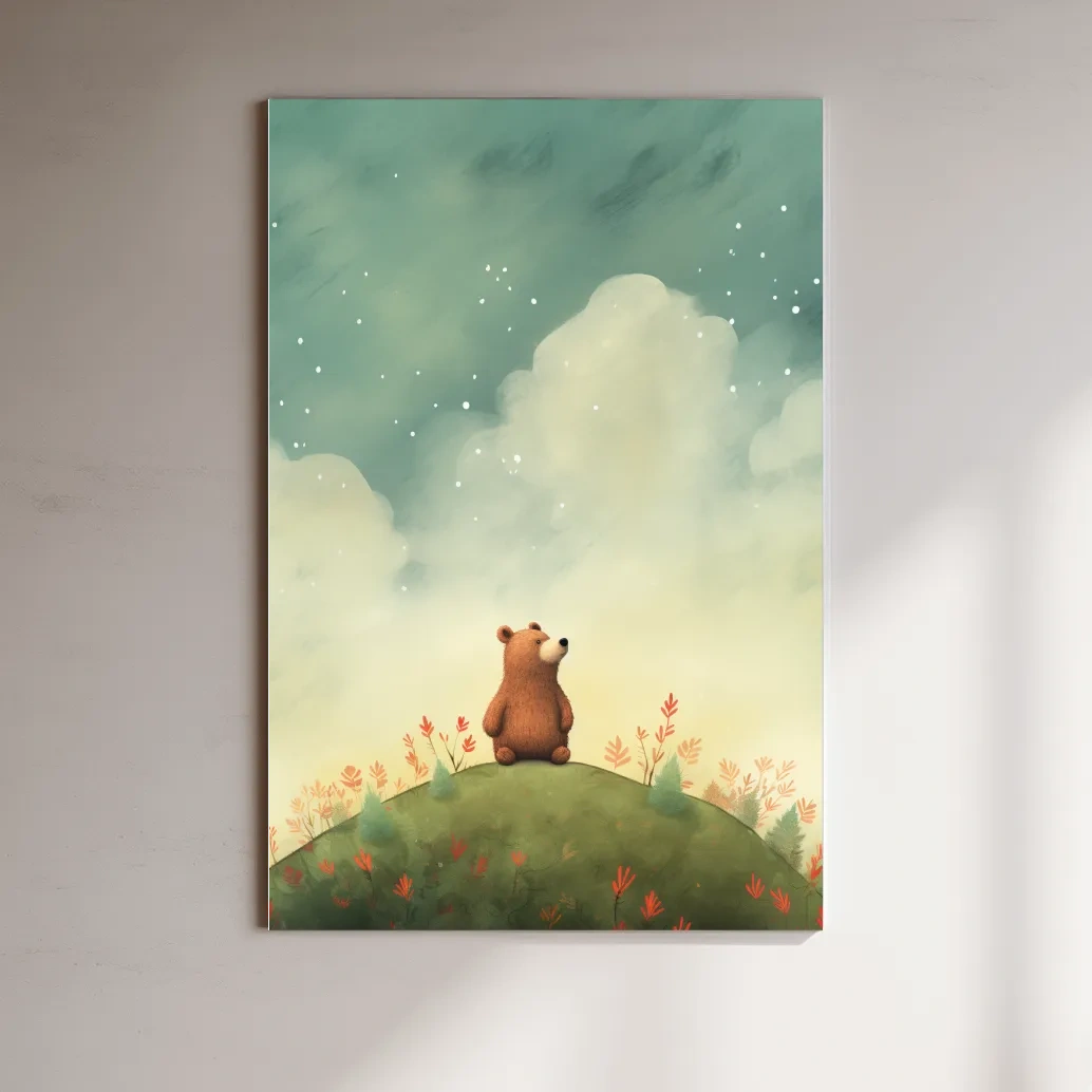 Nursery artwork, illustration of a cute happy bear gazing into the night sky 