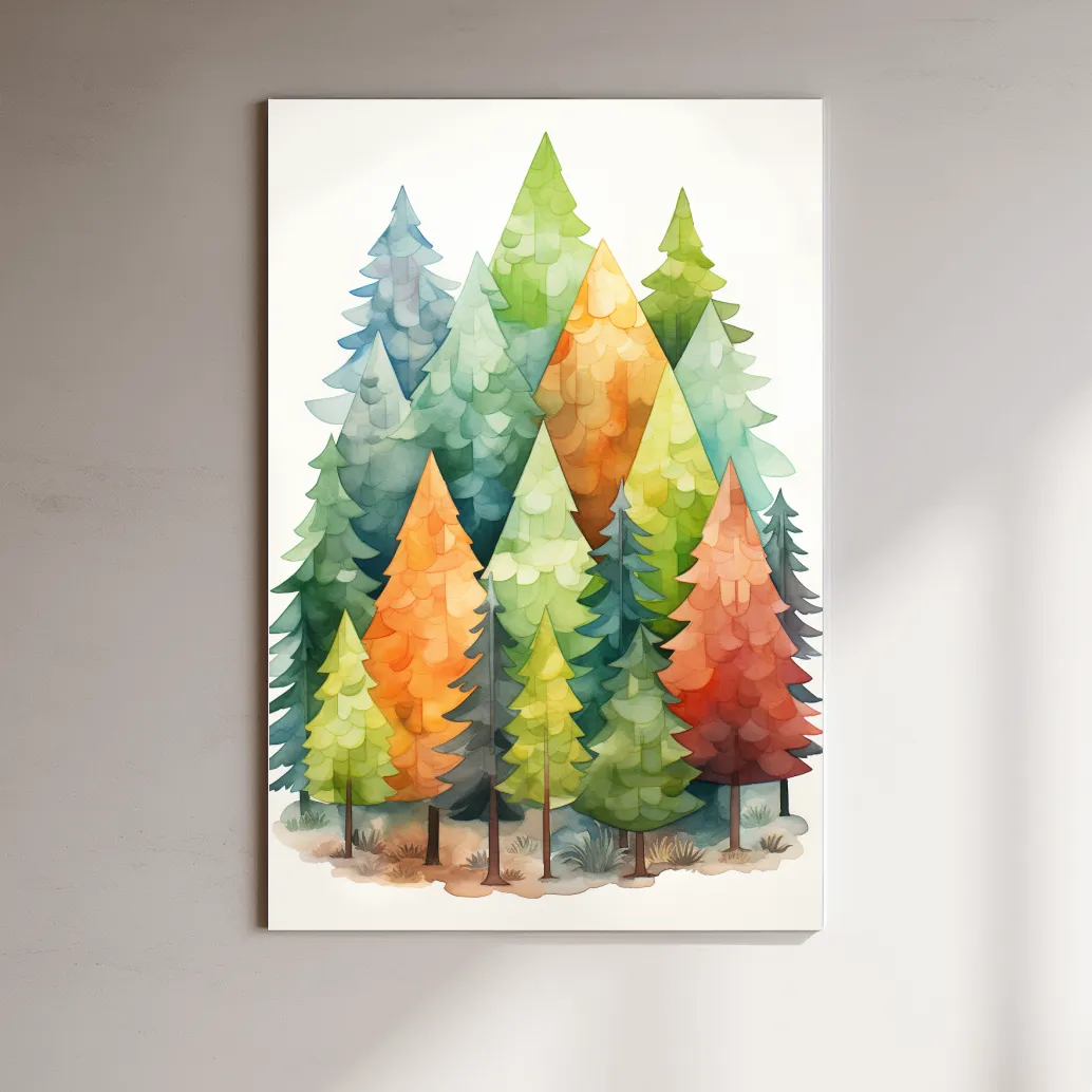 Watercolour painting of a colourful forest