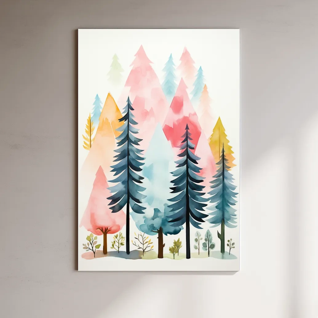 Watercolor style story book illustration art of a colorful forest