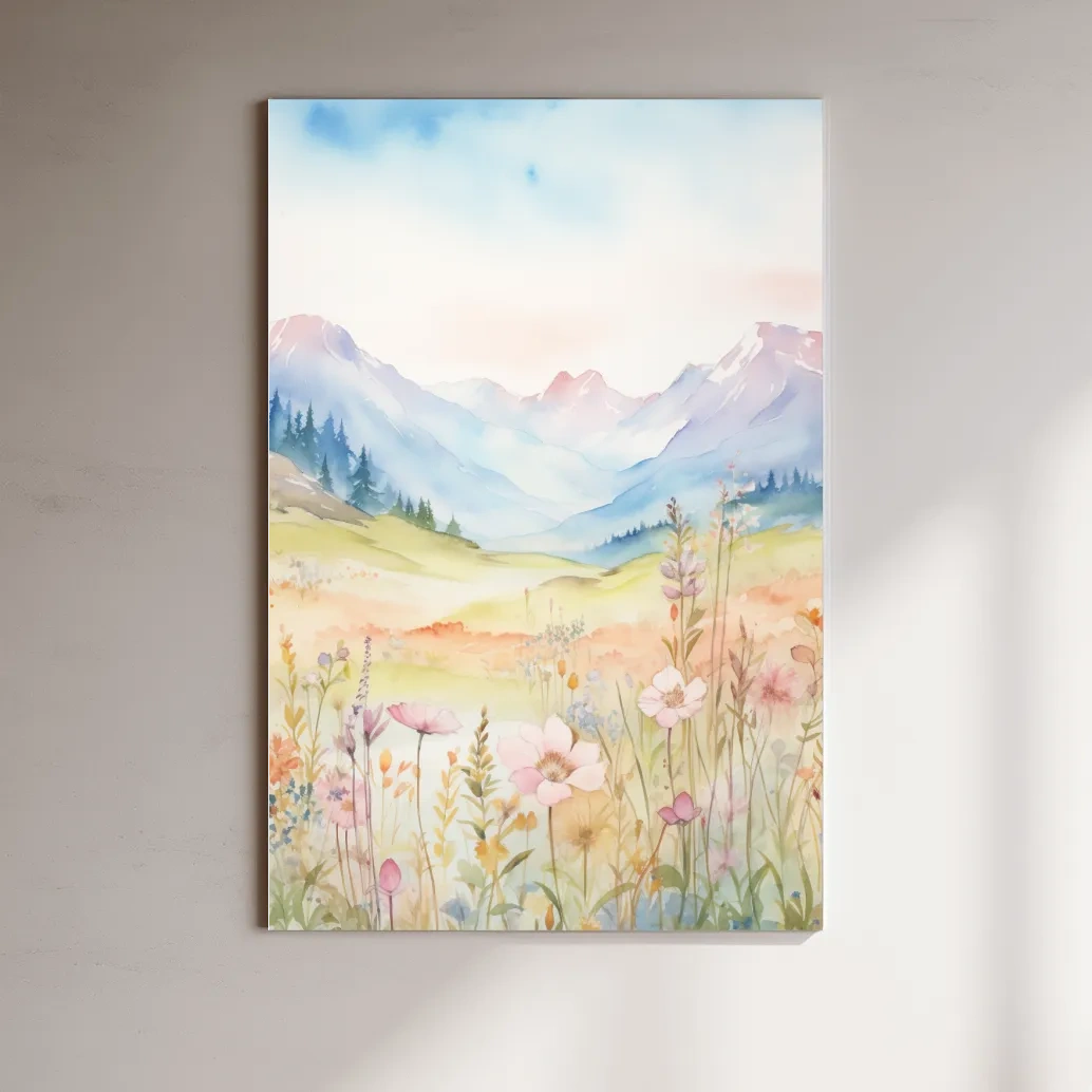 Watercolour painting of pastel flowers in the alpine meadows, floral artwork