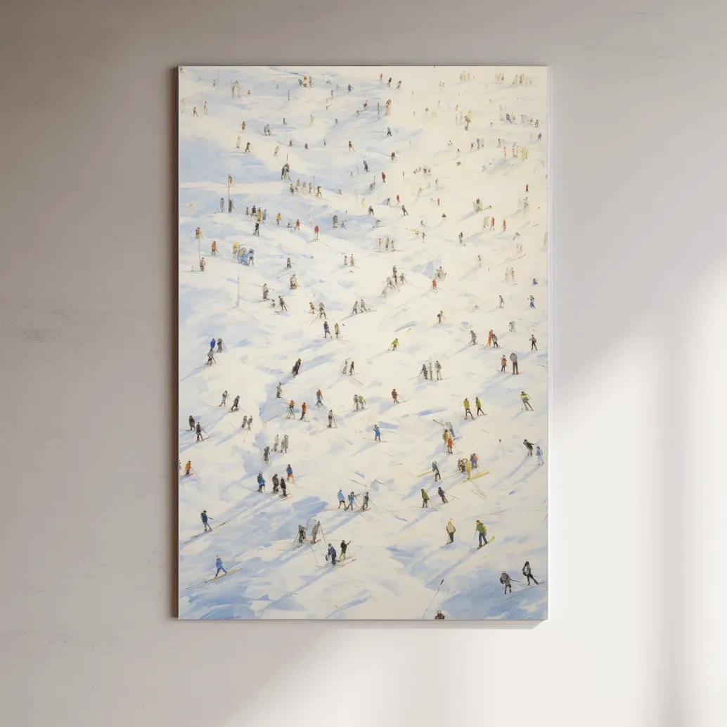 Painting of an aerial view of lots of skiers at a ski resort