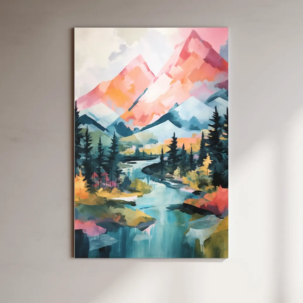 Vibrant Mountain River Landscape Painting - Colorful Alpine Forest Wall Art