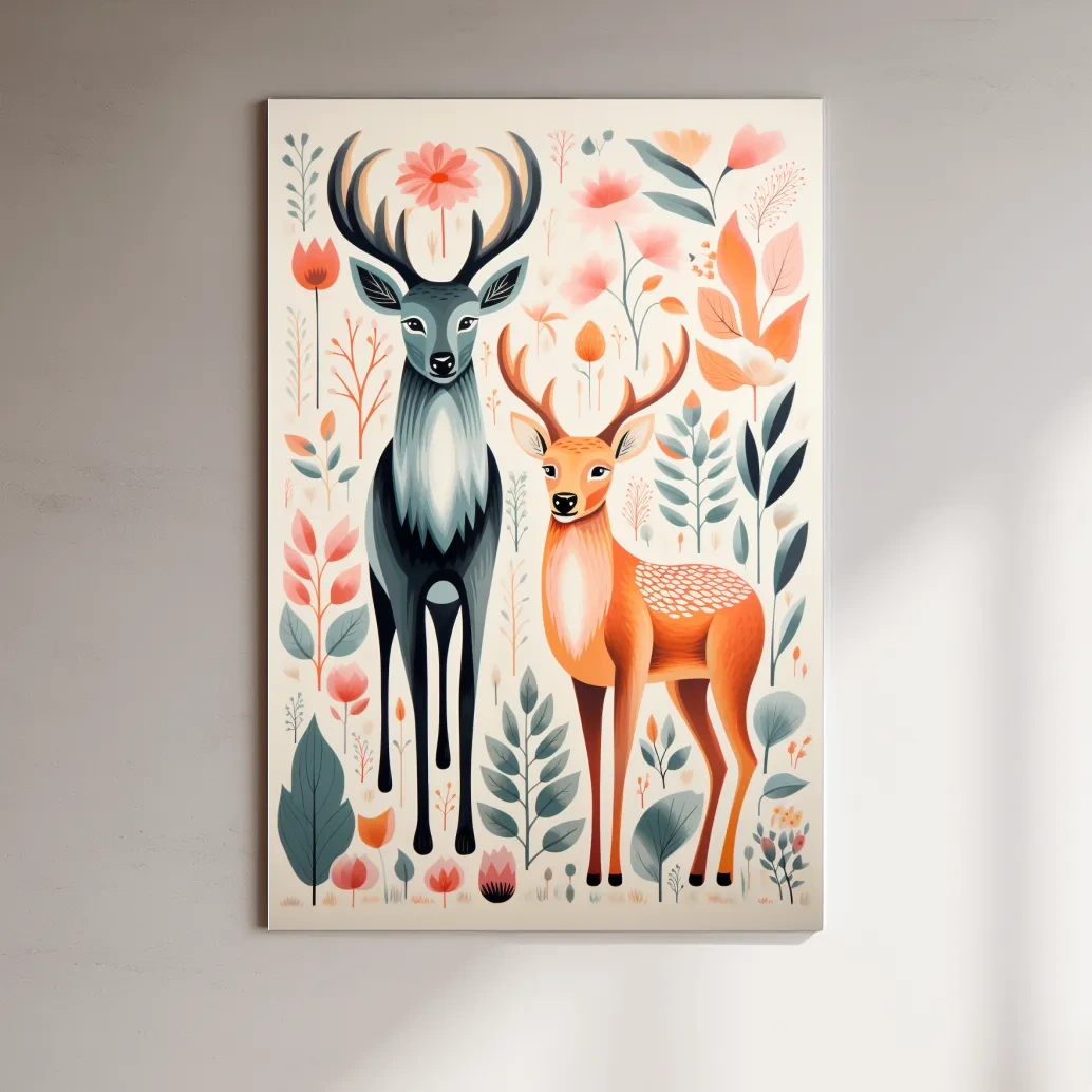 Flat colour vector print of deers and foliage, folk art style