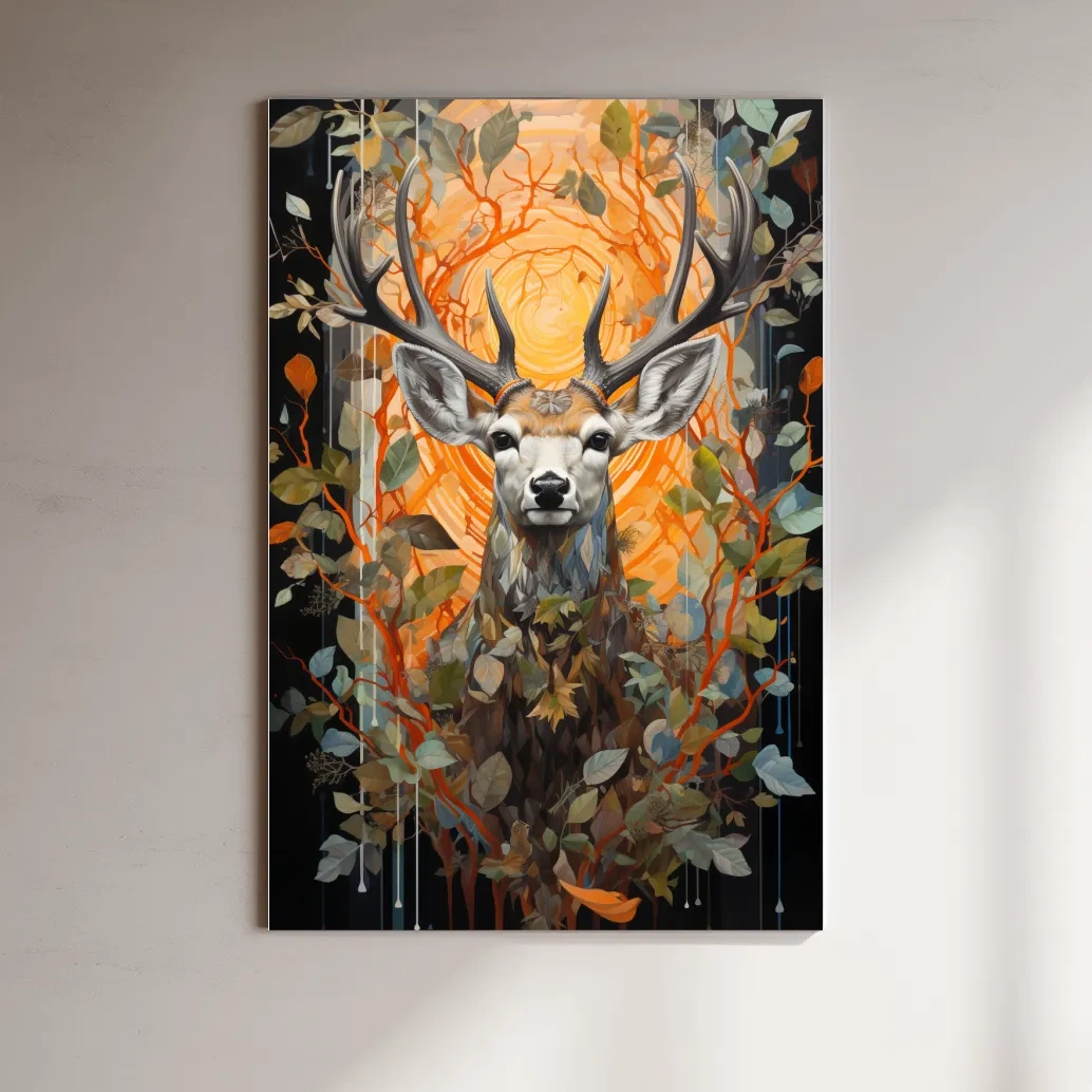 Floral ornate artwork of a deer head surrounded by foliage