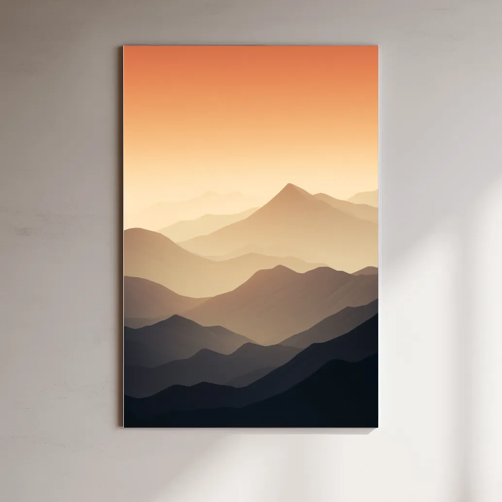Subtle mountain sunset artwork, ridgelines fading into the sky