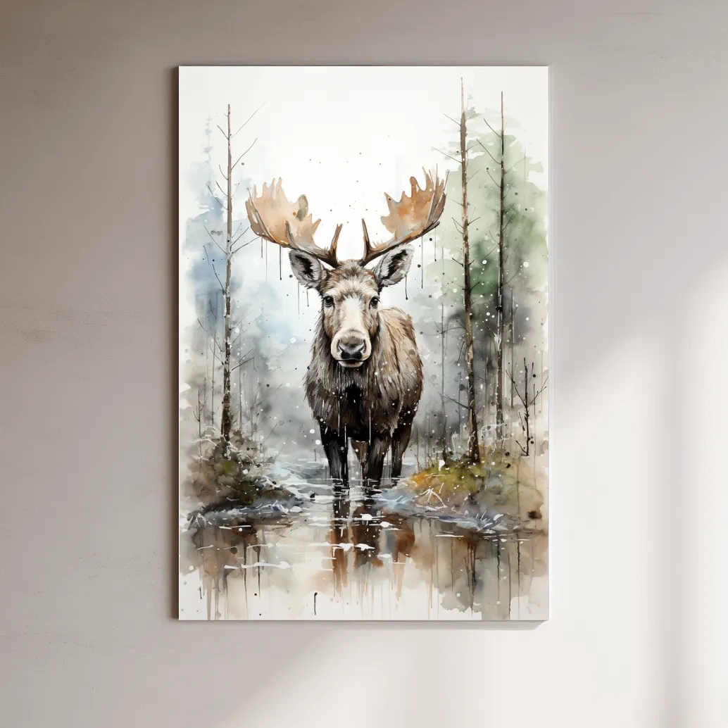 Watercolor Moose In Misty Forest - Rustic Woodland Wildlife Painting Wall Art