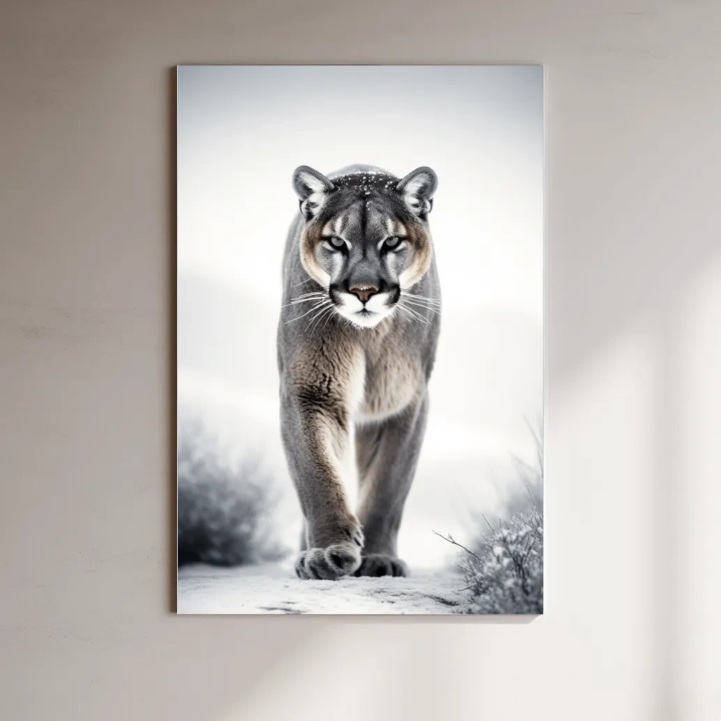 Photograph of a mountain lion walking in snow