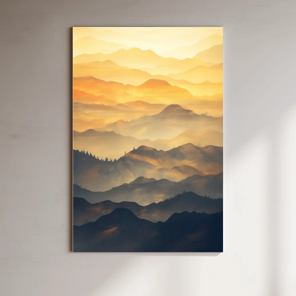 Golden Misty Mountain Ranges Landscape - Serene Layered Sunrise Artwork