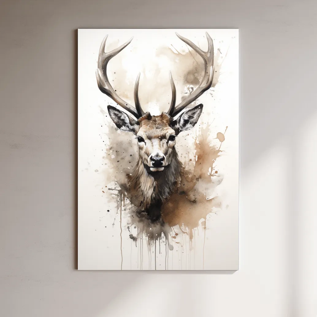 Splattered watercolour painting of a deers head
