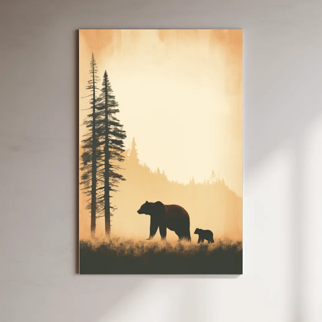 Momma bear and her cub, minimal illustration artwork