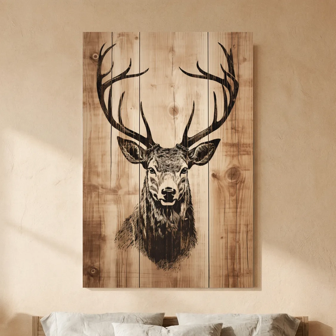 Rustic Deer Head Woodburn Style Portrait - Lodge Cabin Wildlife Wall Art