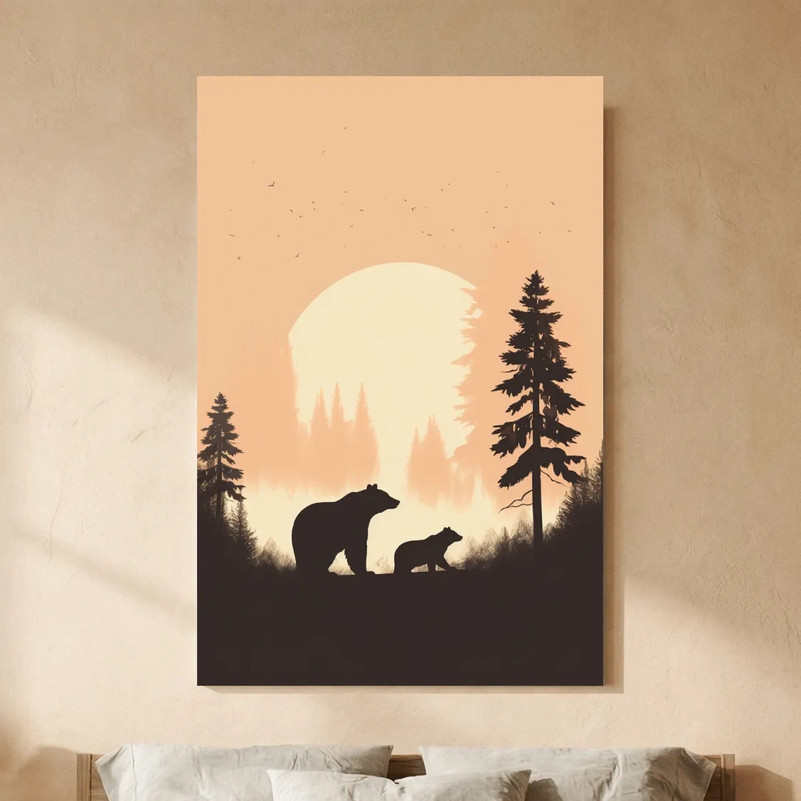 Momma Bear & Cub Silhouettes At Sunset - Minimalist Forest Wildlife Wall Art