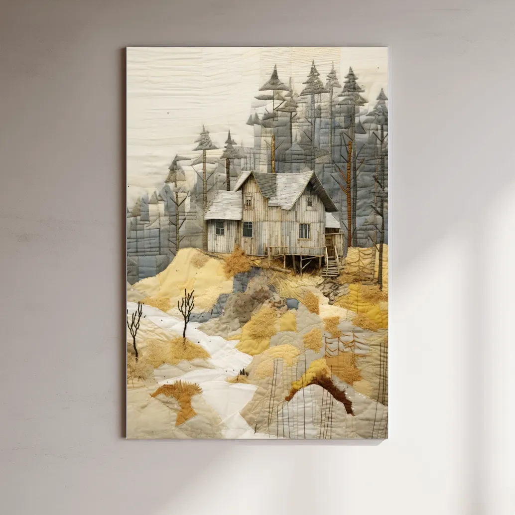 Rustic Woodland Cabin Landscape Quilt Art - Patchwork Style Mixed Media Wall Art