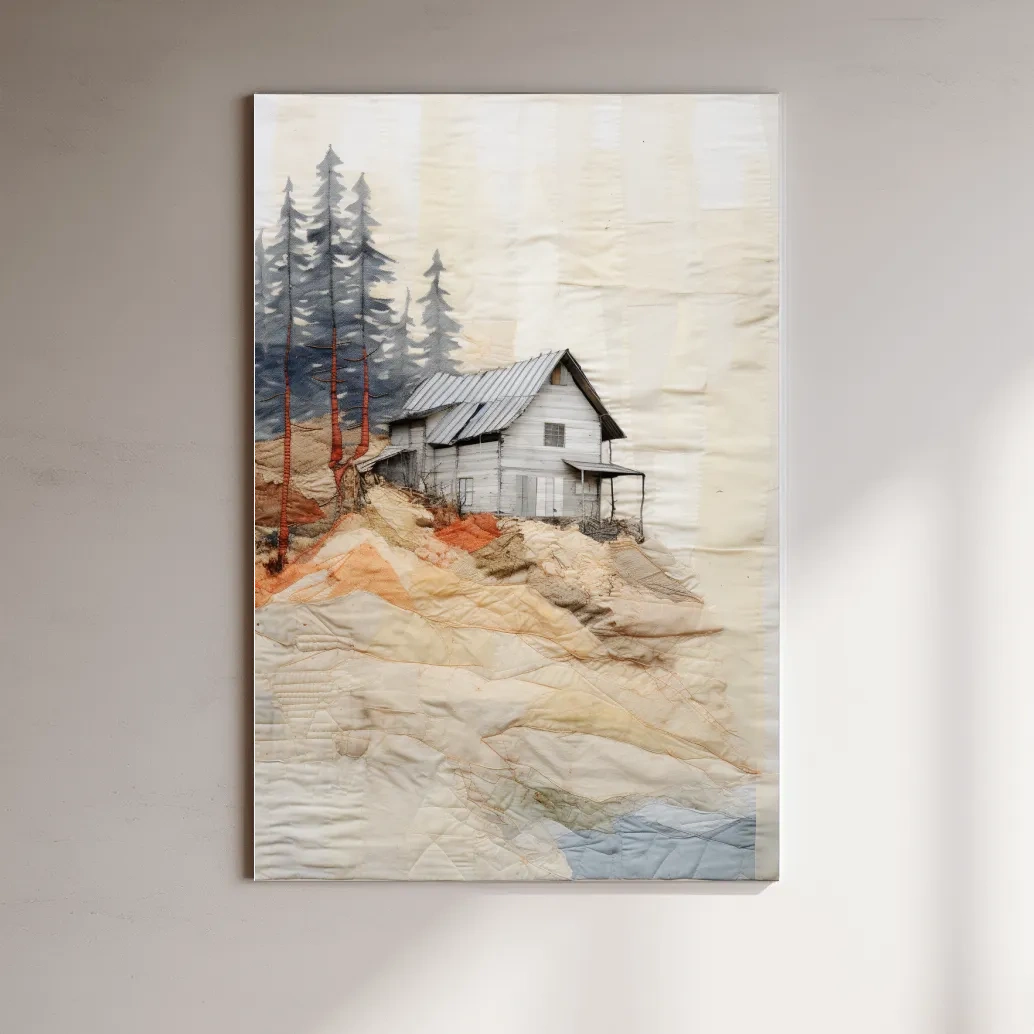 Rustic cabin artwork, fabric patchwork style