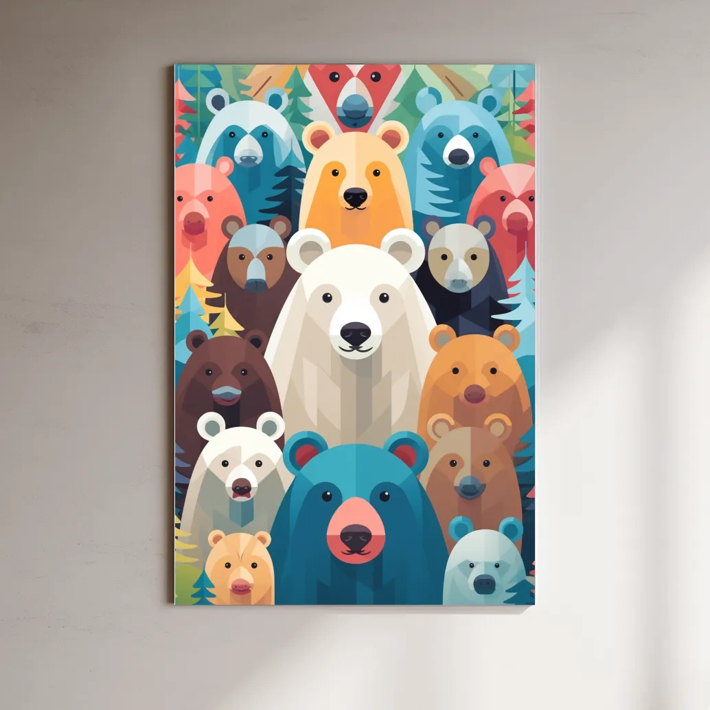 Illustration of colorful vibrant bears, childrens bedroom artwork