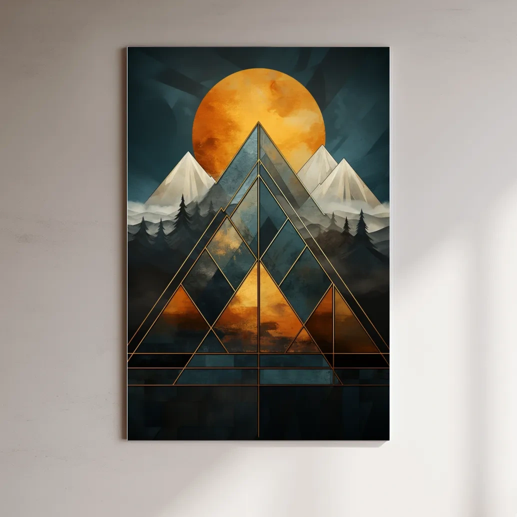 Leadlight style mountain artwork, sunset over glaciers and forest