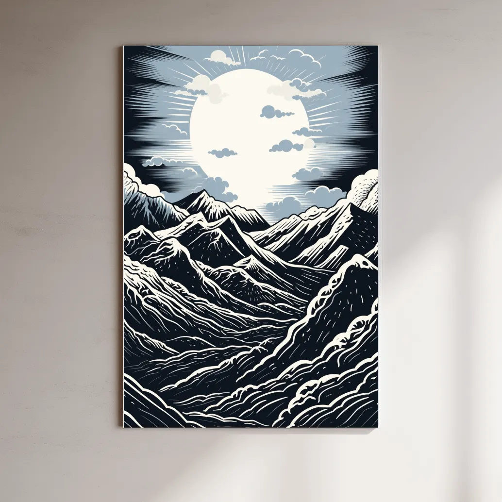 Linocut style mountain art illustration