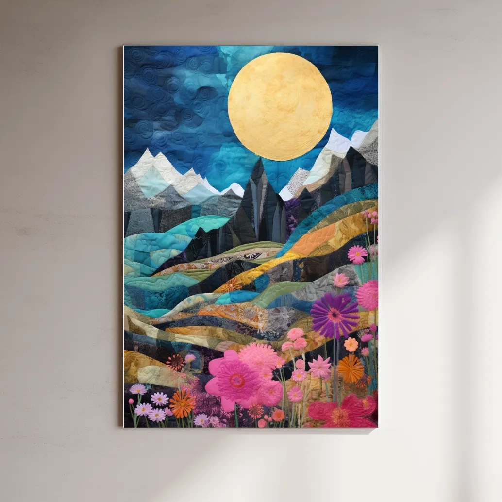 Quilted Wildflower Mountain Landscape - Colorful Patchwork Textile Style Wall Art