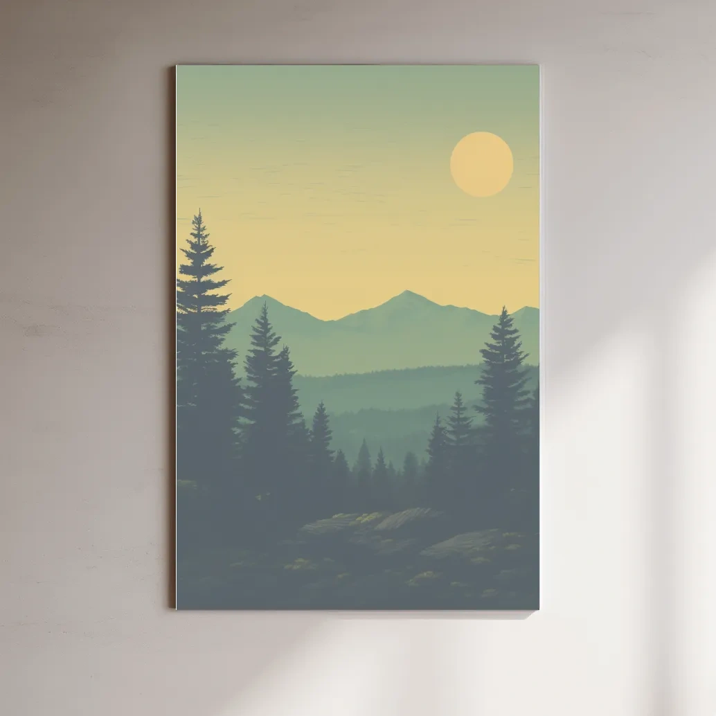 Minimalist Hazy Mountain Sunrise Landscape - Serene Alpine Forest Wall Art