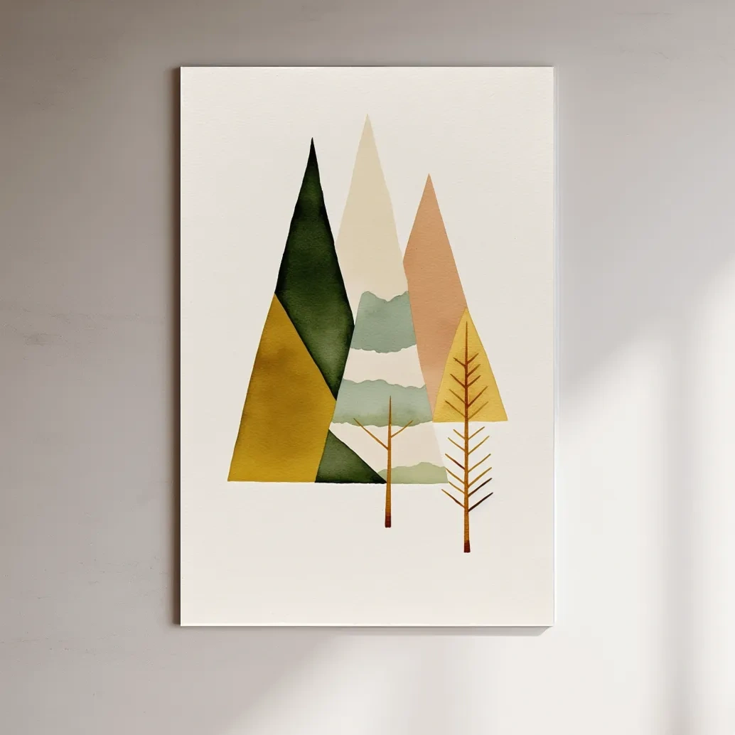 Minimalist Scandinavian Geometric Mountains - Modern Watercolor Forest Landscape Wall Art