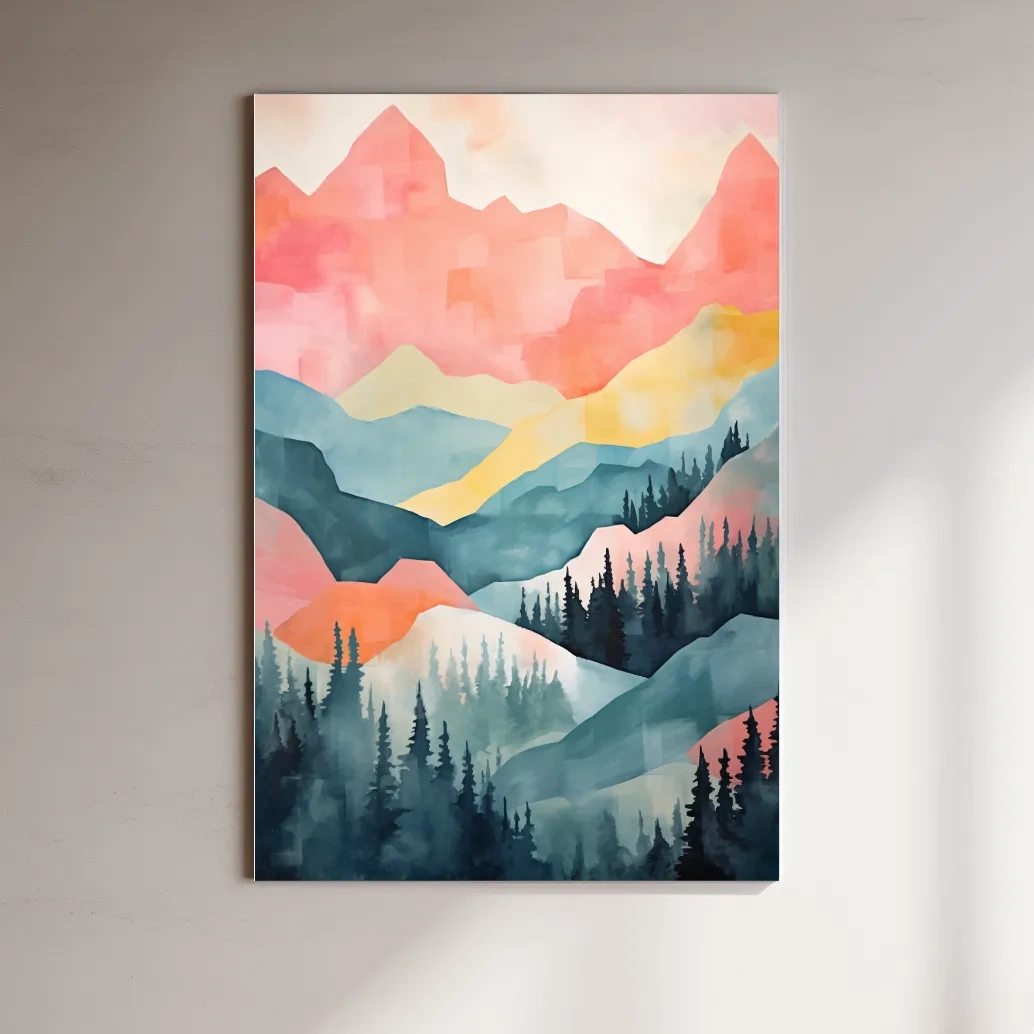 Abstract Watercolor Mountain Sunrise Landscape - Pastel Alpine Forest Wall Art