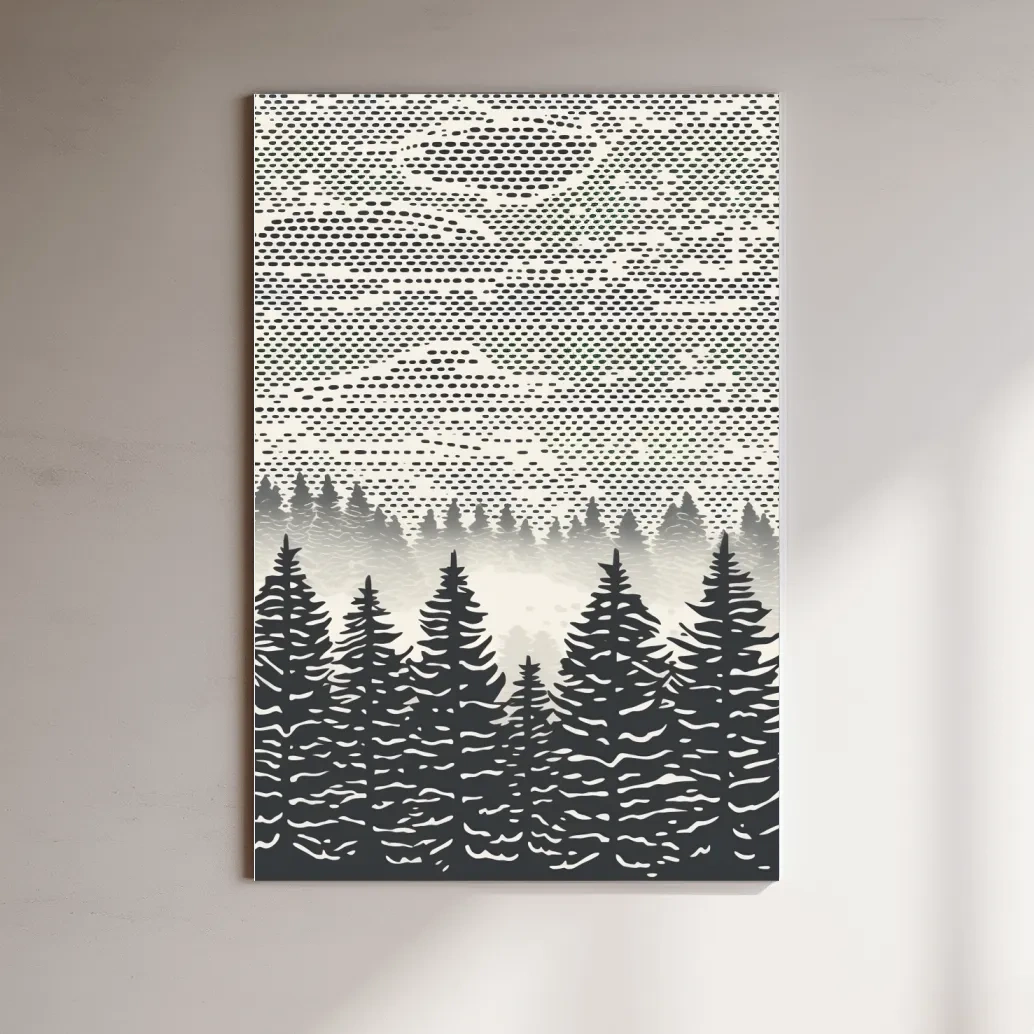 Black & white forest illustration art, dot pattern linocut style