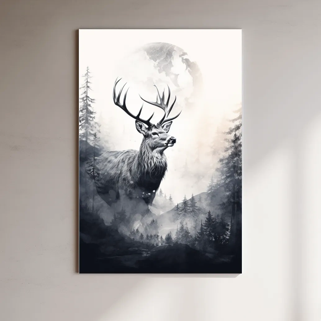 Deer and forest artwork drawing, double exposure style
