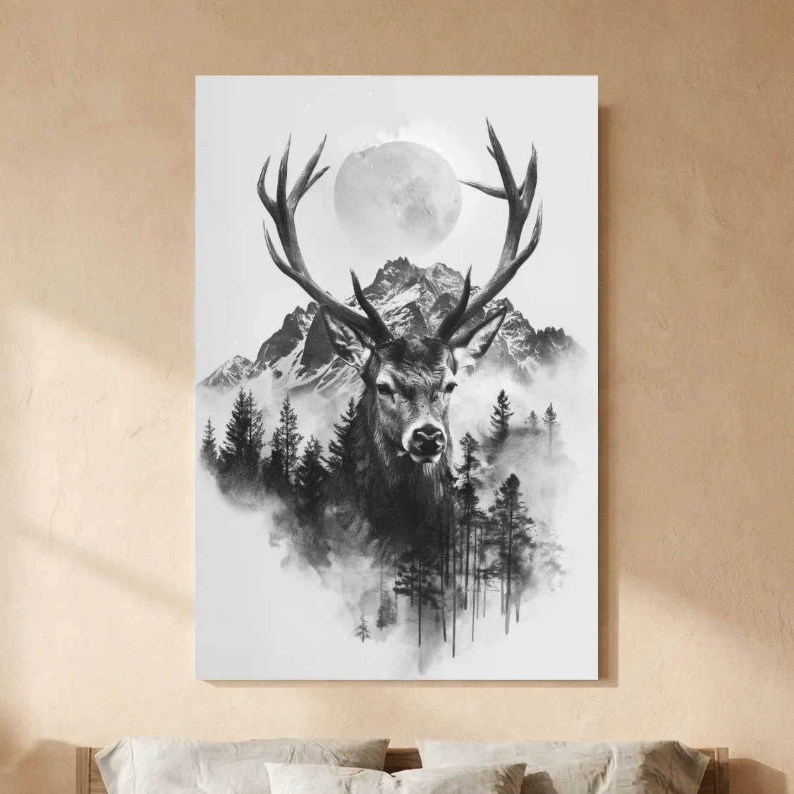 Monochrome Stag Glacier Moon Drawing - Double Exposure Wildlife Wall Art