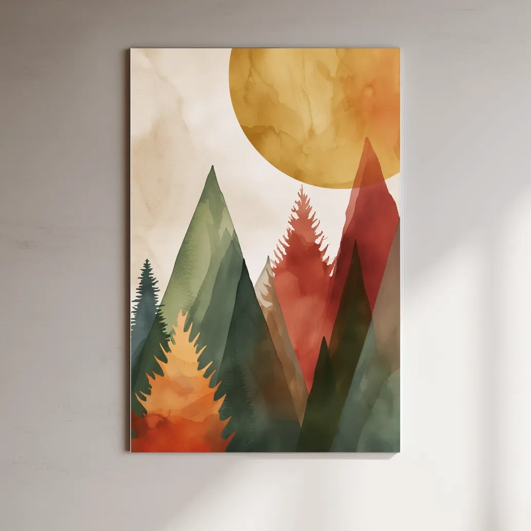 Rustic Watercolor Mountain Forest Sunrise - Modern Minimalist Wall Art