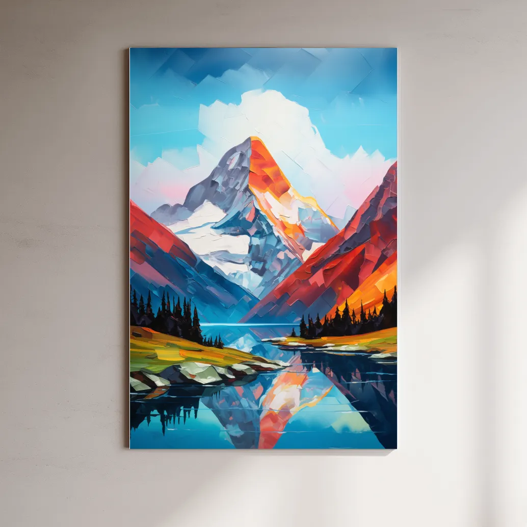 Alpine lake under a glacier, vibrant palette knife style impasto painting