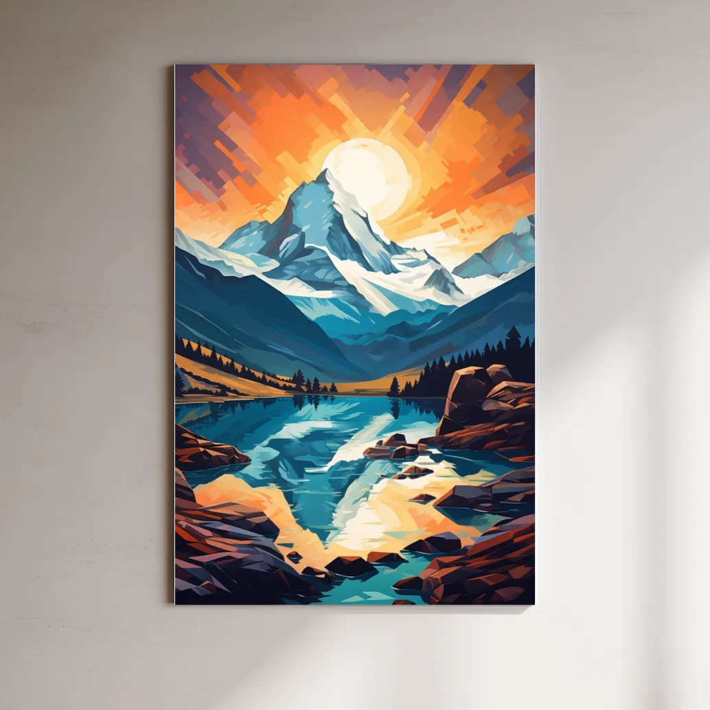 Vibrant Geometric Alpine Glacier Sunrise - Abstract Lake Landscape Wall Art