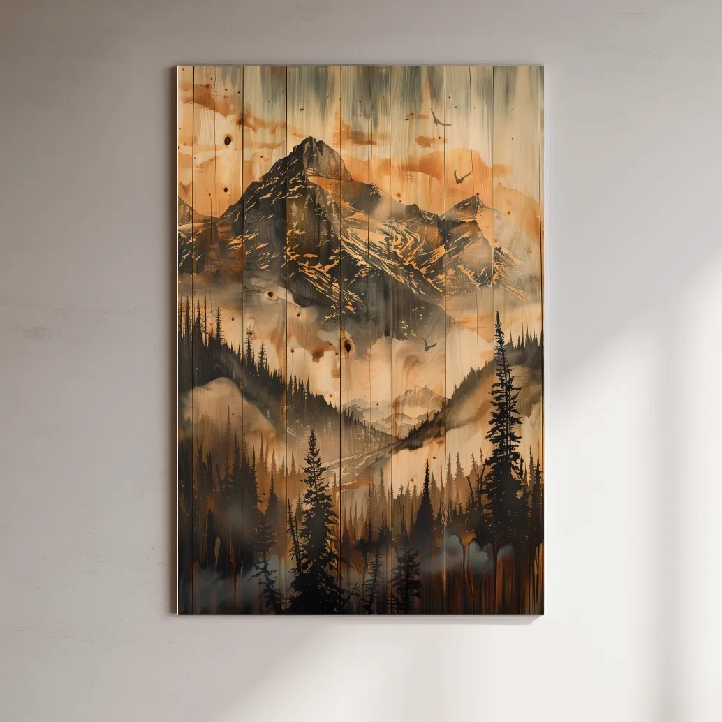 Rustic Woodgrain Mountain Landscape Painting - Sepia Misty Pine Forest Wall Art