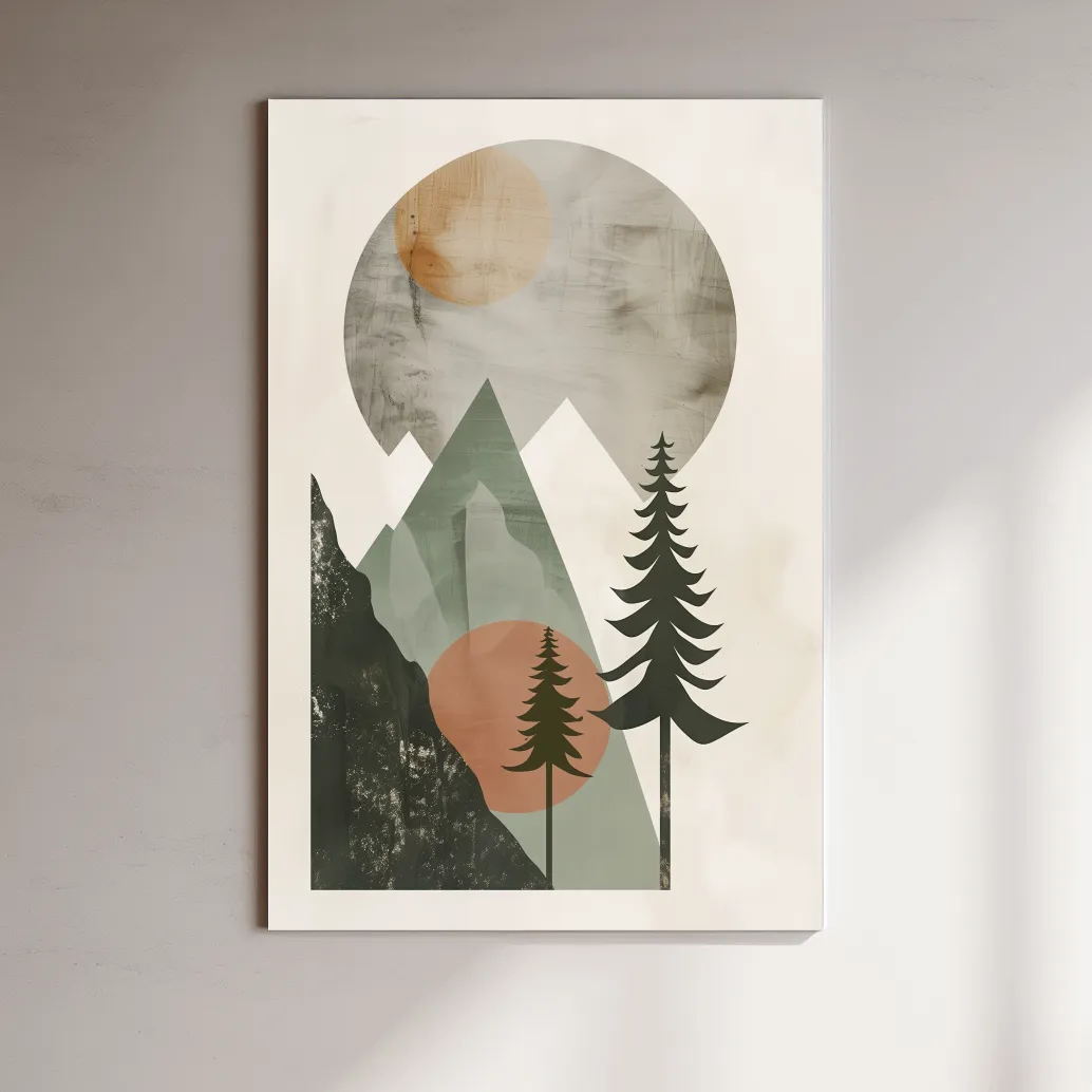 Scandinavian style artwork, mountains and trees under the sun