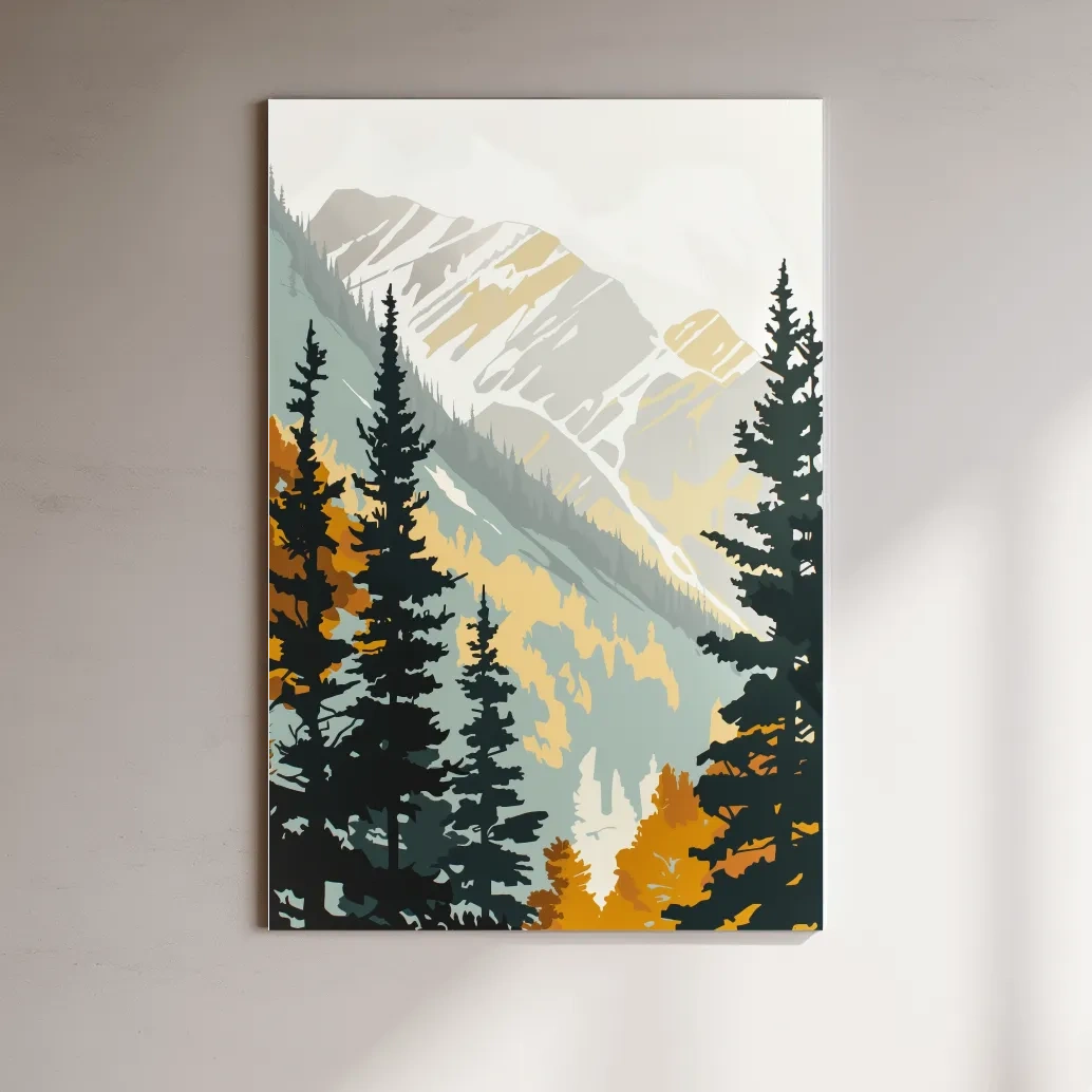 Scandinavian style minimal artwork, mountains through the forest