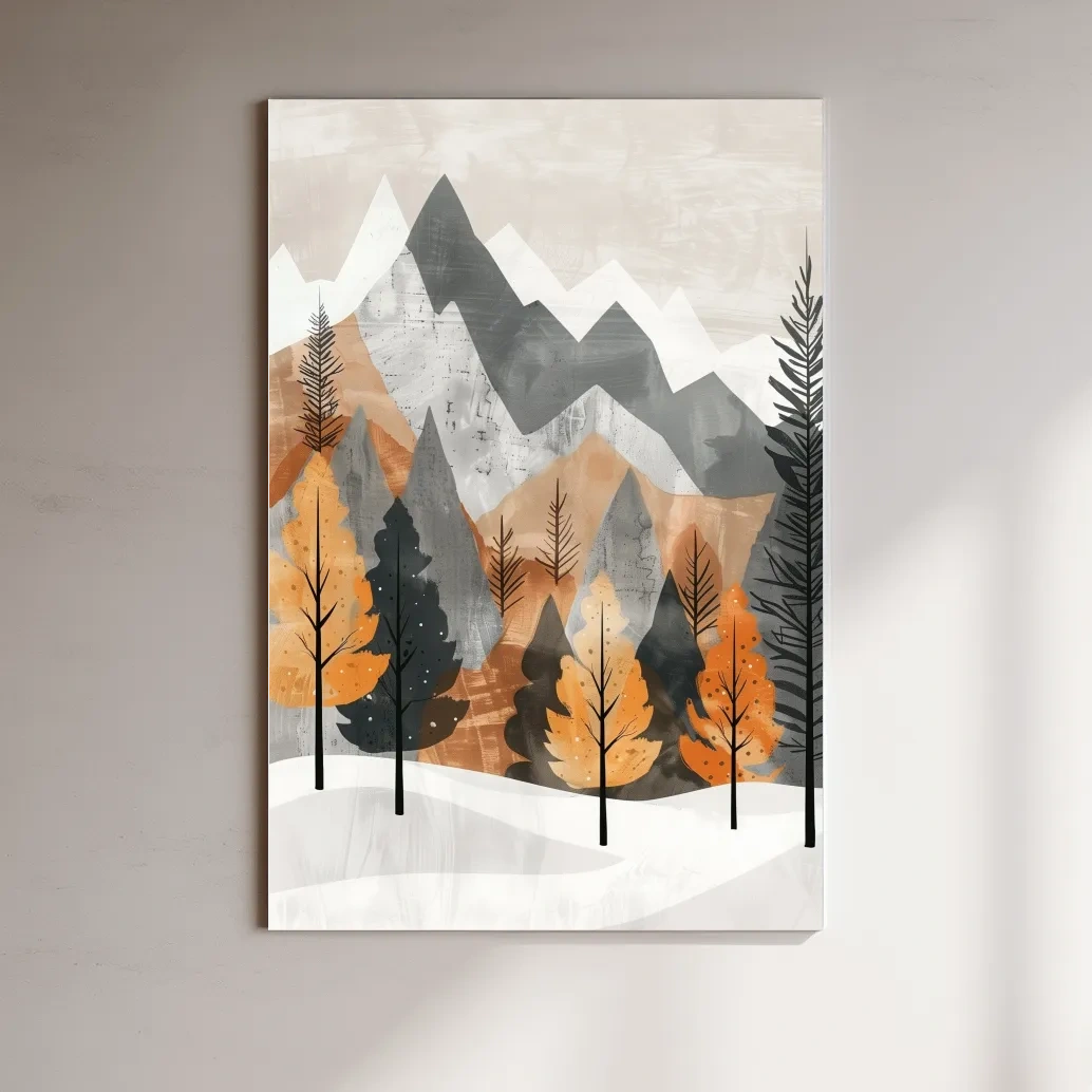 Scandinavian style forest artwork, alpine mountains in fall