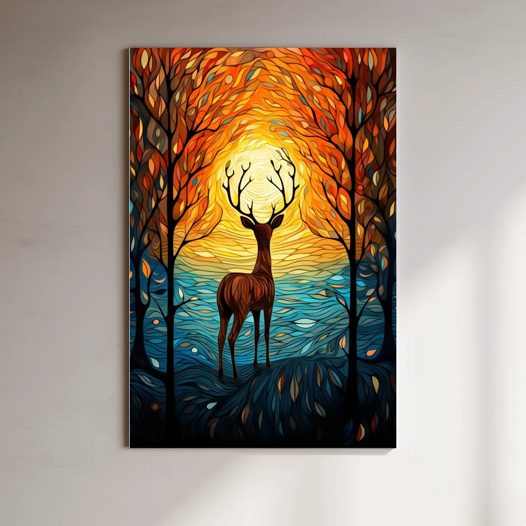 Glowing Autumn Forest Deer Silhouette - Vibrant Stained Glass Style Wall Art