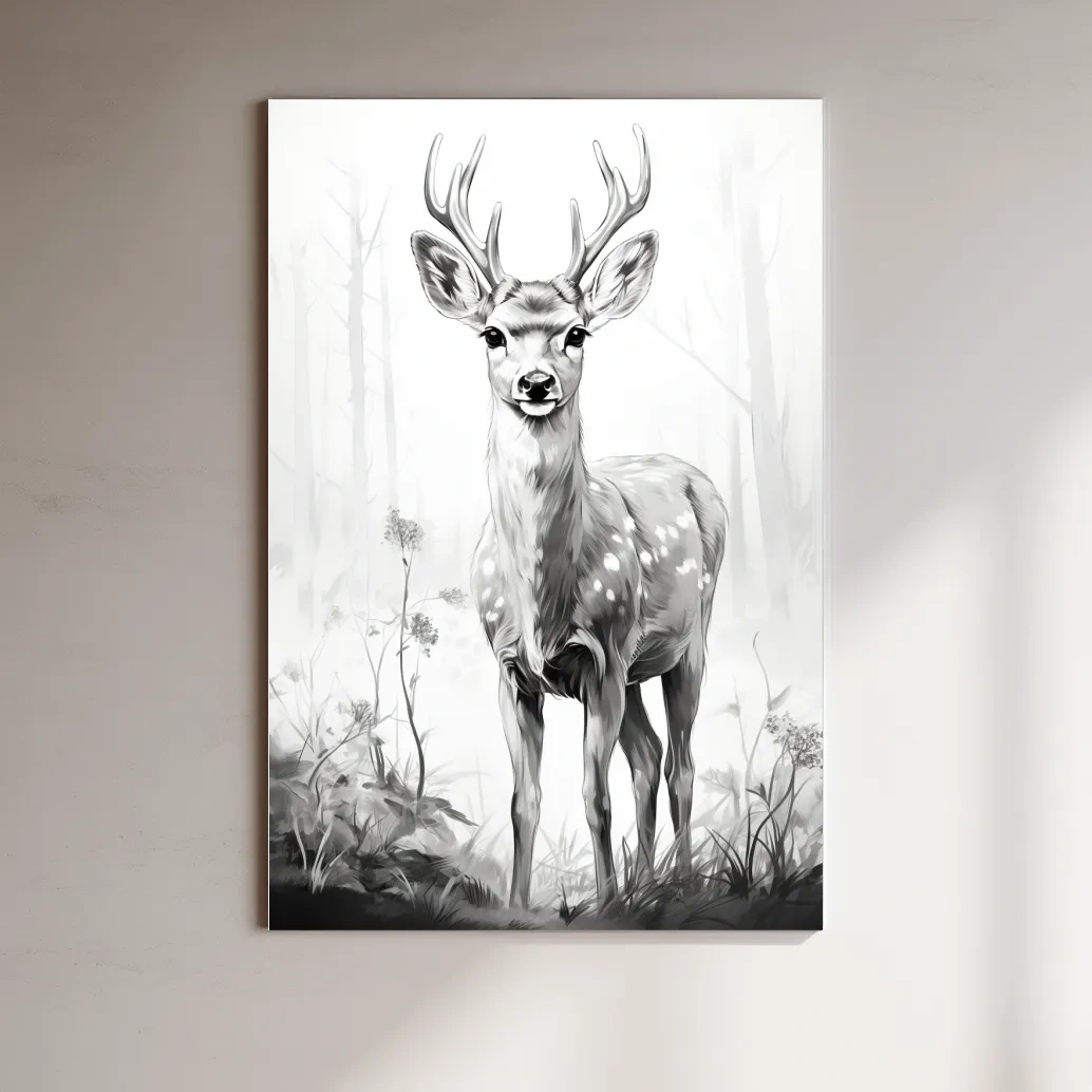 Black and white drawing artwork of a fallow deer